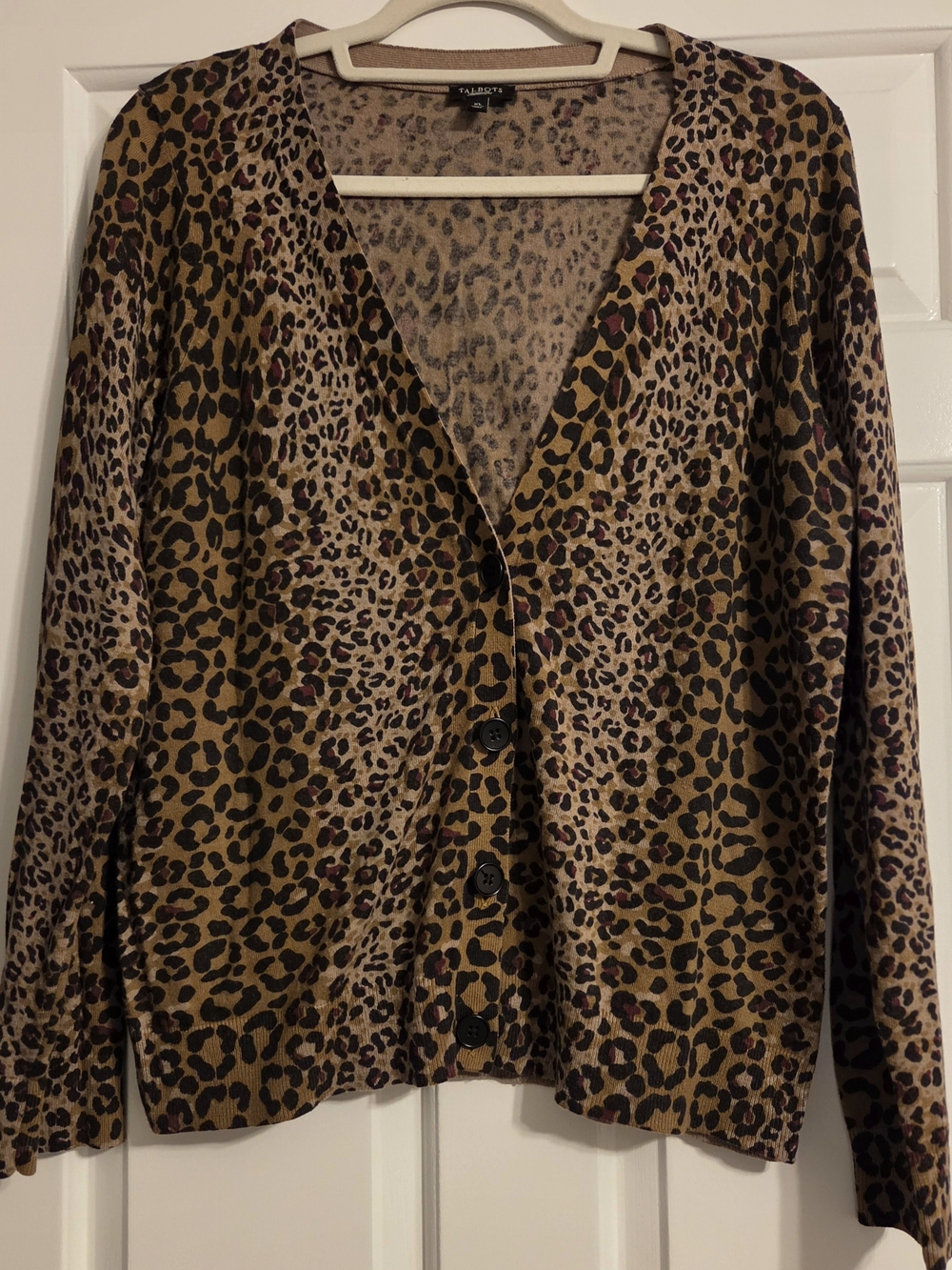 Talbots Leopard Print Cardigan Sweater Size XL Cotton Wool Blend V-Neck Knit